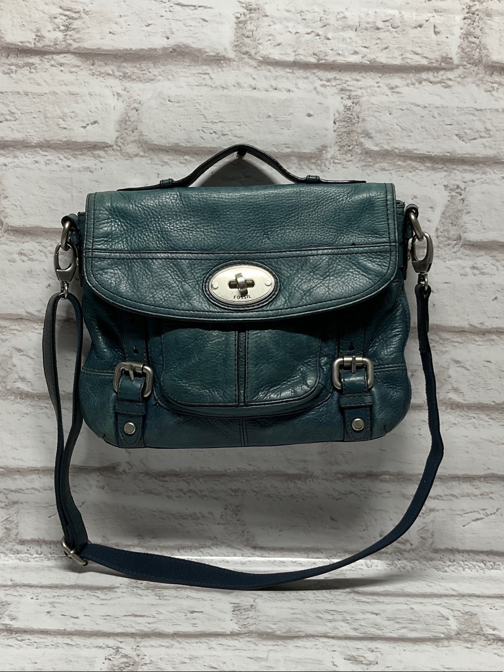Fossil Teal Leather Crossbody Satchel